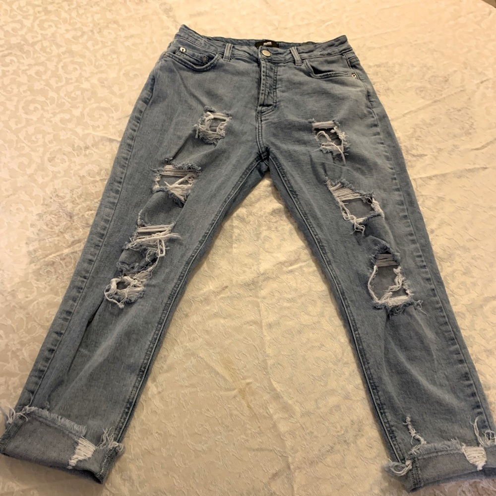I&M black label faded distressed high rise ankle jeans with frayed hem